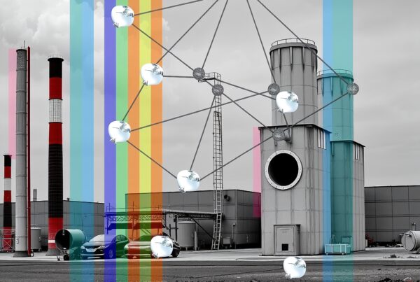 Colorful industrial art scene with molecular structures and chimneys.