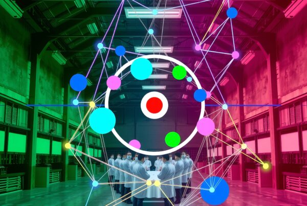 Scientific team in modern industrial room with digital network overlay.