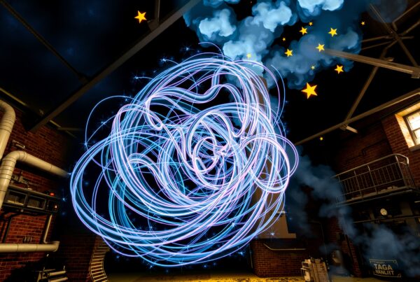 An industrial workshop with swirling neon lights and starry night background.
