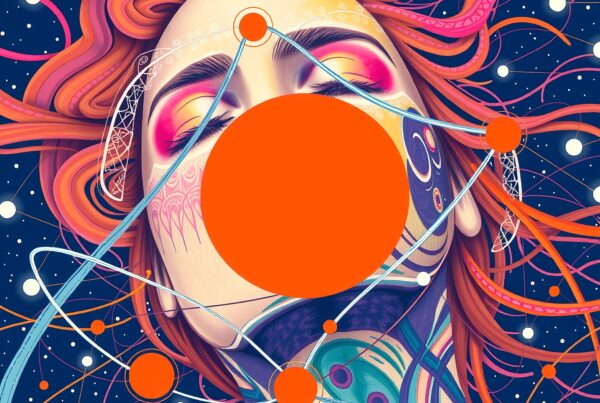 Surreal cosmic portrait with vibrant colors and geometric shapes.