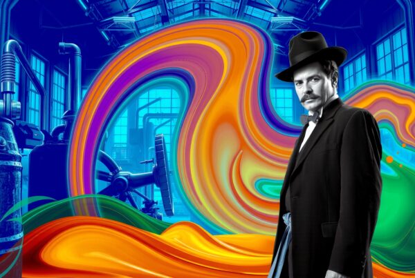 A man in period attire stands in a colorful industrial setting.