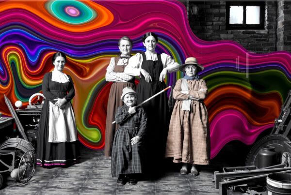 A group of historical women stands in front of a vibrant, psychedelic background blending the past with colorful modern art.
