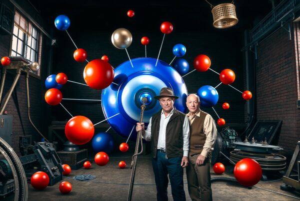 A vibrant, industrial scene with colorful molecular spheres, two men, machinery, and natural lighting.