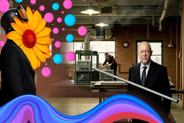 A surreal industrial scene featuring floating spheres, a man with a sunflower face, and vibrant colors.