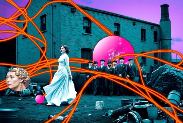 A surreal, colorful scene with vintage characters, a mystical woman, and bizarre floating elements.