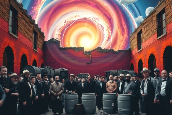 A group gathers in vintage attire under a swirling cosmic sky, blending historical and surreal elements.