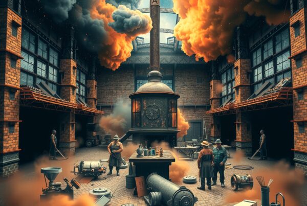 Wide angle view of a bustling steampunk factory interior with machinery and smoke.