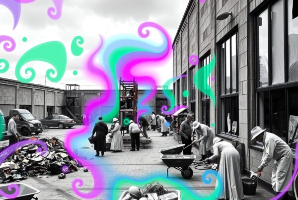 A historical street scene with colorful artistic swirls overlaying people cleaning with wheelbarrows.