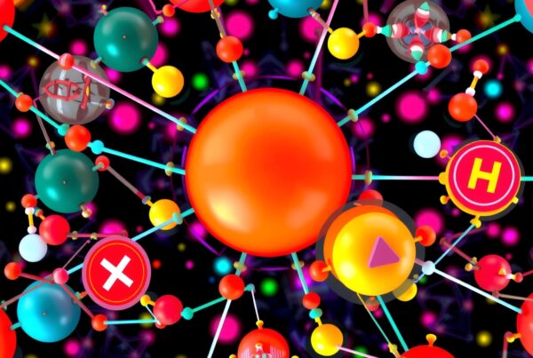 Colorful molecular network with spheres and symbols against a dark background, depicting an abstract scientific theme.