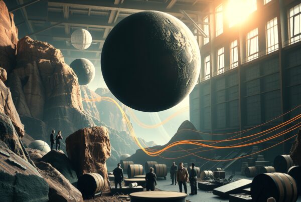 Futuristic interior with celestial spheres in a research facility.