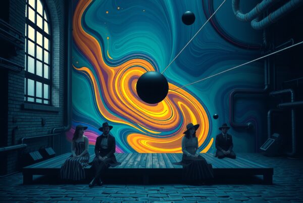 A surreal mural with vibrant swirls in an industrial setting with vintage-dressed figures.