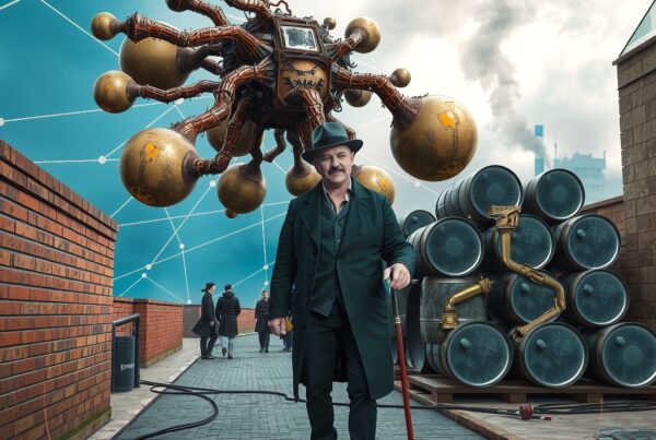 Man with cane and floating steampunk machine in urban setting.