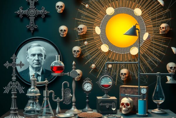 Vintage scientific instruments with skulls against a dark, moody background.
