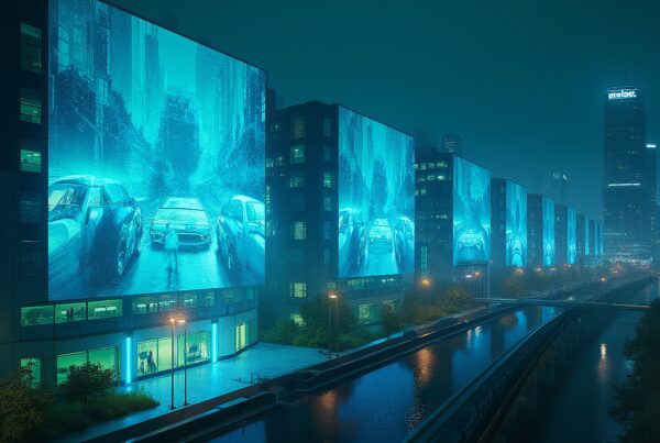 A futuristic cityscape at night with large illuminated billboards displaying cars, reflected in a canal below.