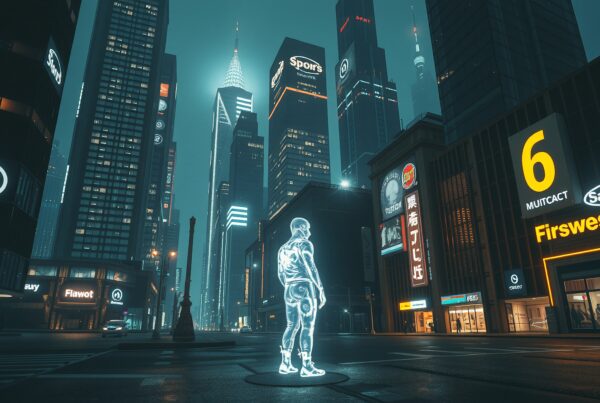 Futuristic cityscape with neon lights and holographic figure at night.