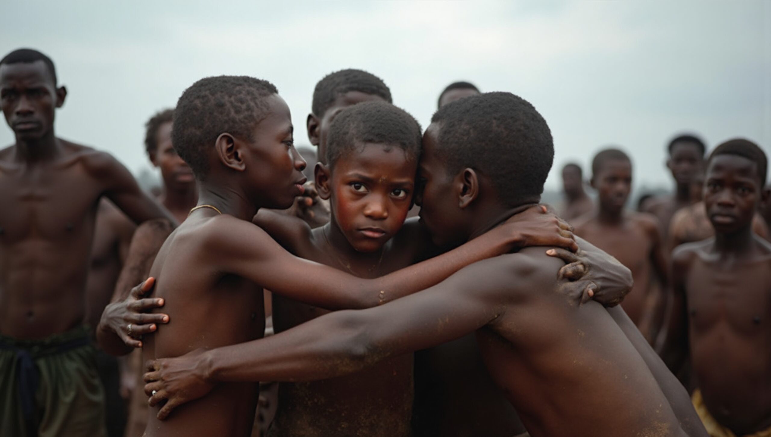 Boys Embrace in Emotional Moment