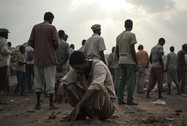 People gathered on dusty ground under a cloudy sky.