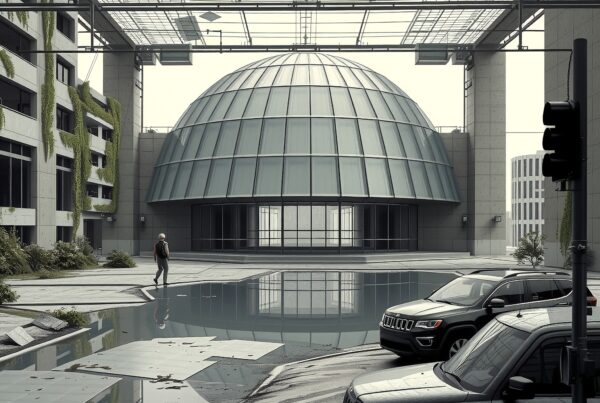 Futuristic dome building with reflections, SUVs, and overcast skies.