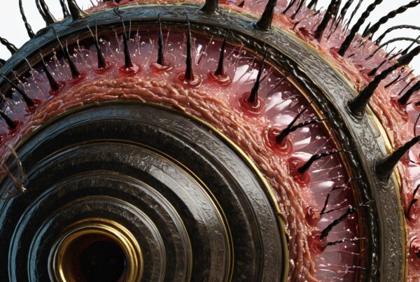 Close-up image of a surreal mechanical eye blending metallic and organic textures with hair-like structures.