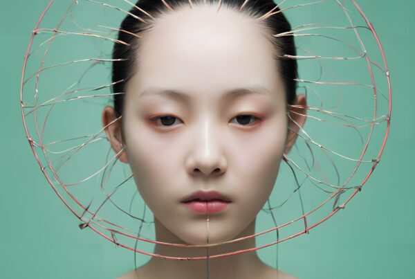 A woman wearing a delicate wire headpiece against a green background.