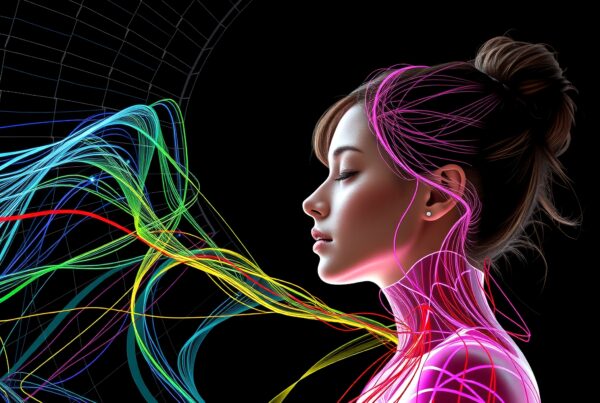 A serene woman with vibrant neon lines enveloping her against a dark backdrop, symbolizing the fusion of humanity and technology.
