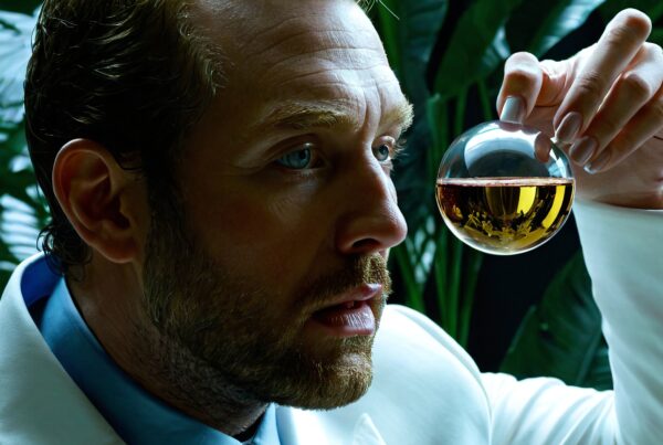 A man in a white suit examines a glass orb with amber liquid amid lush green leaves.