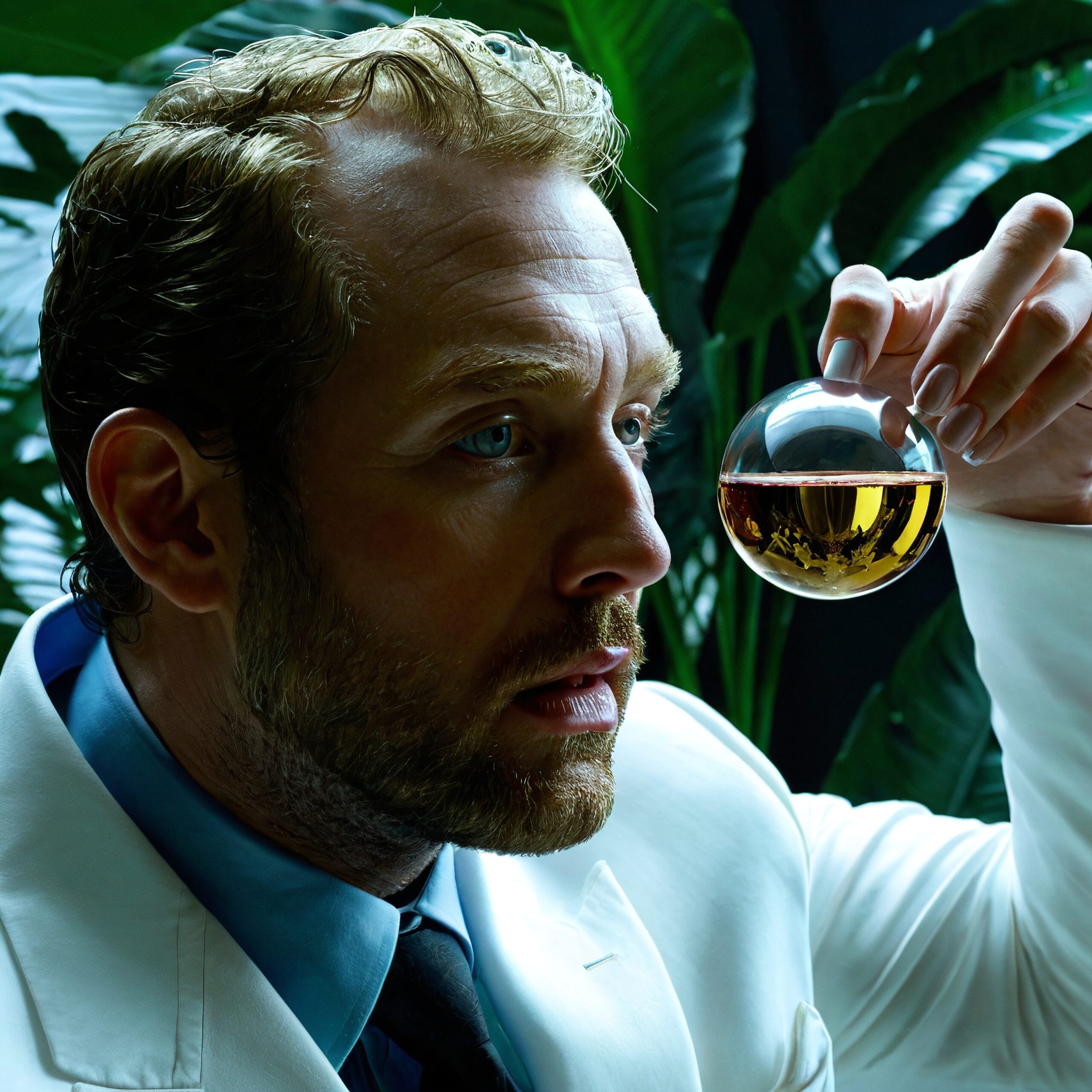 Man Contemplating Mysterious Glass Sphere