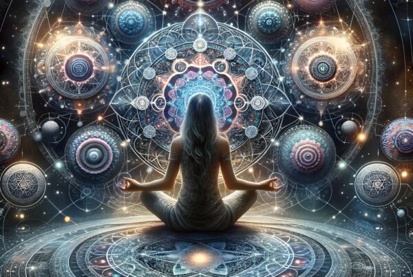 A person meditates within a cosmic mandala under a starry sky.