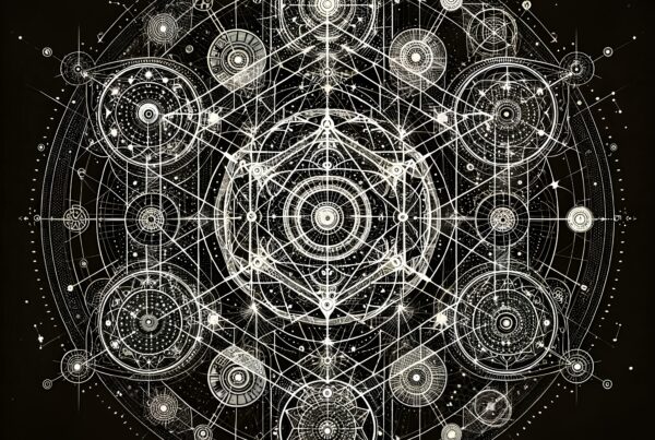 Intricate geometric mandala with celestial themes on a dark background.
