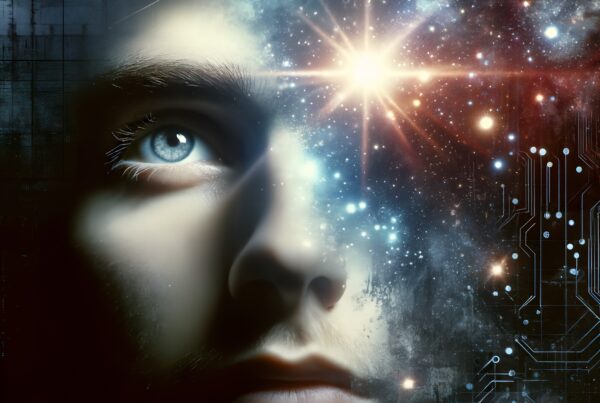 A visionary human face blends with stars and circuitry, symbolizing digital evolution and cosmic exploration.