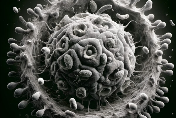 A highly detailed microscopic view of a cluster of cells.