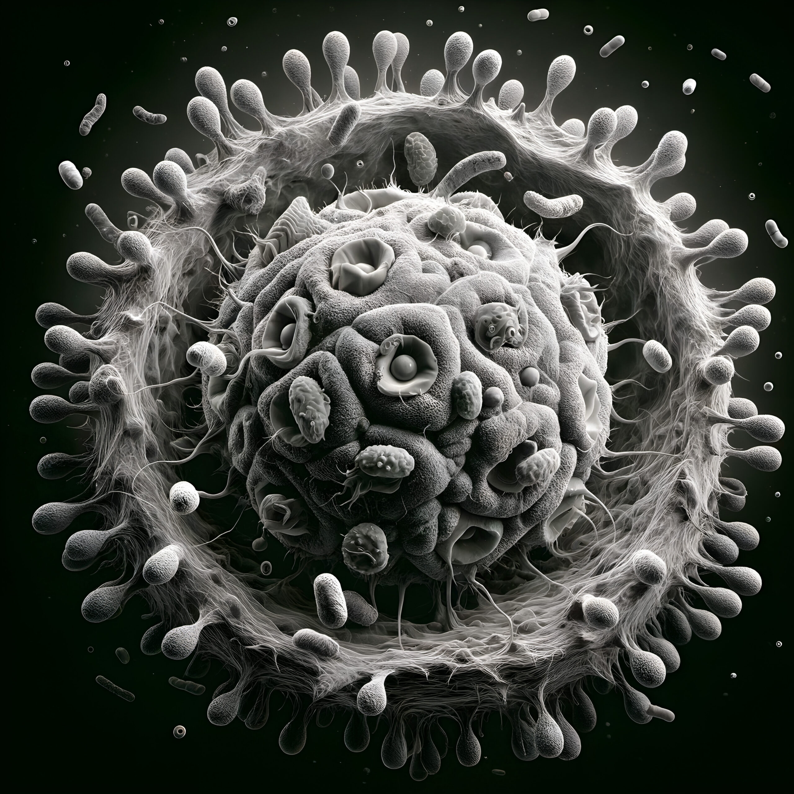 A highly detailed microscopic view of a cluster of cells