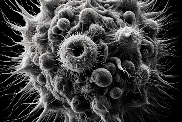 Monochrome spiky microorganism with detailed projections.