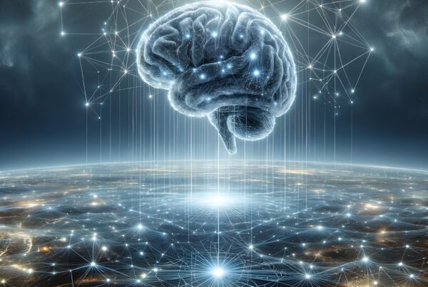 Futuristic digital brain over global network.
