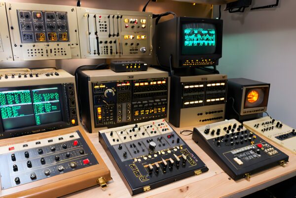 Vintage analog computing equipment with control panels, CRT monitors, and illuminated displays in a retro tech setup.