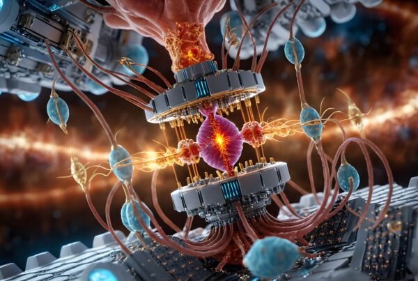 Futuristic mechanism blending technology with organic structures in a cosmic setting.