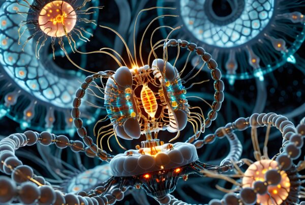 Surreal depiction of glowing molecular structures.