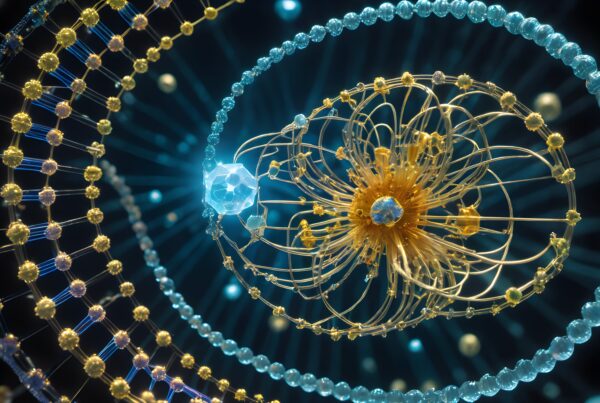 Abstract depiction of a molecular structure with spiraling blue and gold beads in a mesmerizing, glowing design.