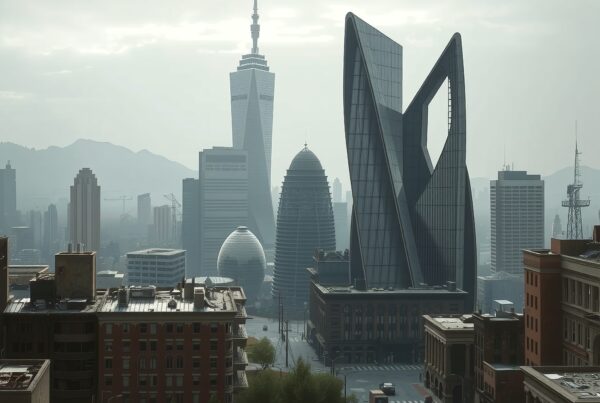 A futuristic city skyline with creatively designed skyscrapers, set against mountain silhouettes under a cloudy sky.