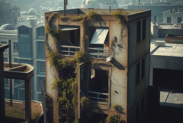 Aging urban building covered in ivy amidst surrounding modern cityscape.
