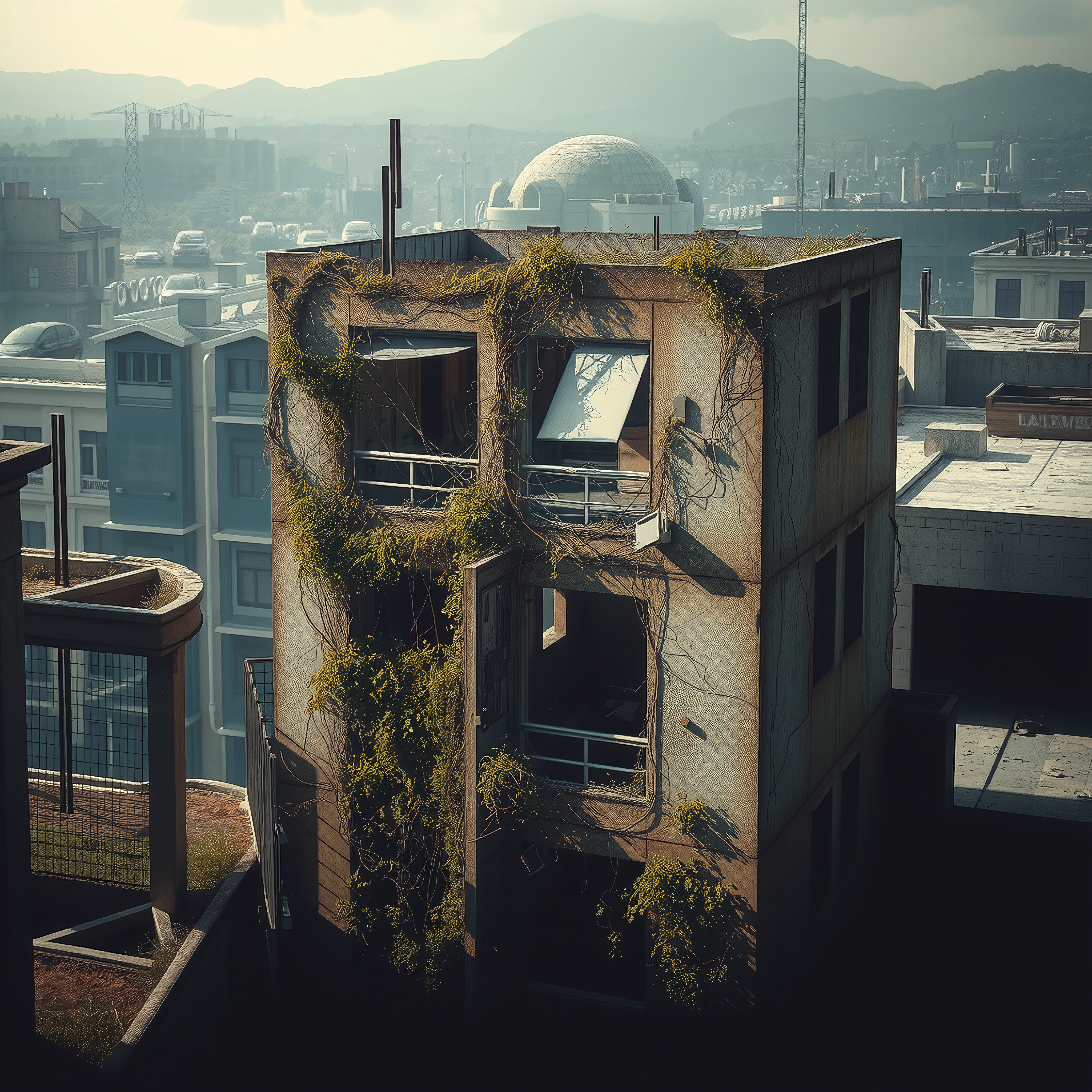 Abandoned Building in Modern Cityscape