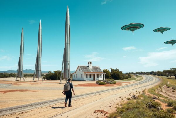 A person walks toward a small house, dwarfed by large rockets and hovering UFOs in a vast desert landscape.