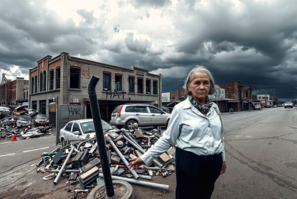 Elderly woman in storm-hit street amidst debris.