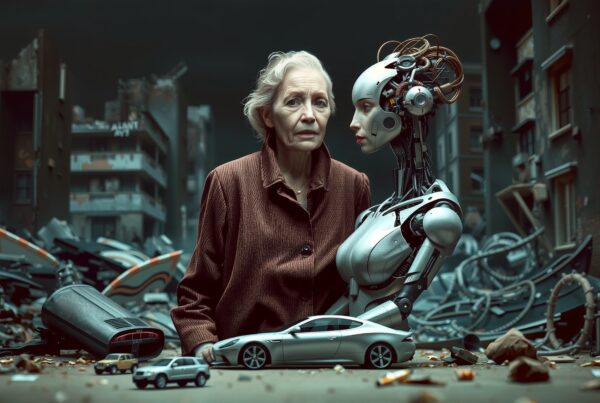 Elderly woman embraces humanoid robot in a dystopian cityscape.