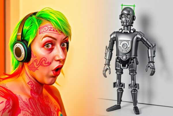 A vibrant woman with green hair and tattoos wears headphones alongside a mechanical robot, blending technology and expression.