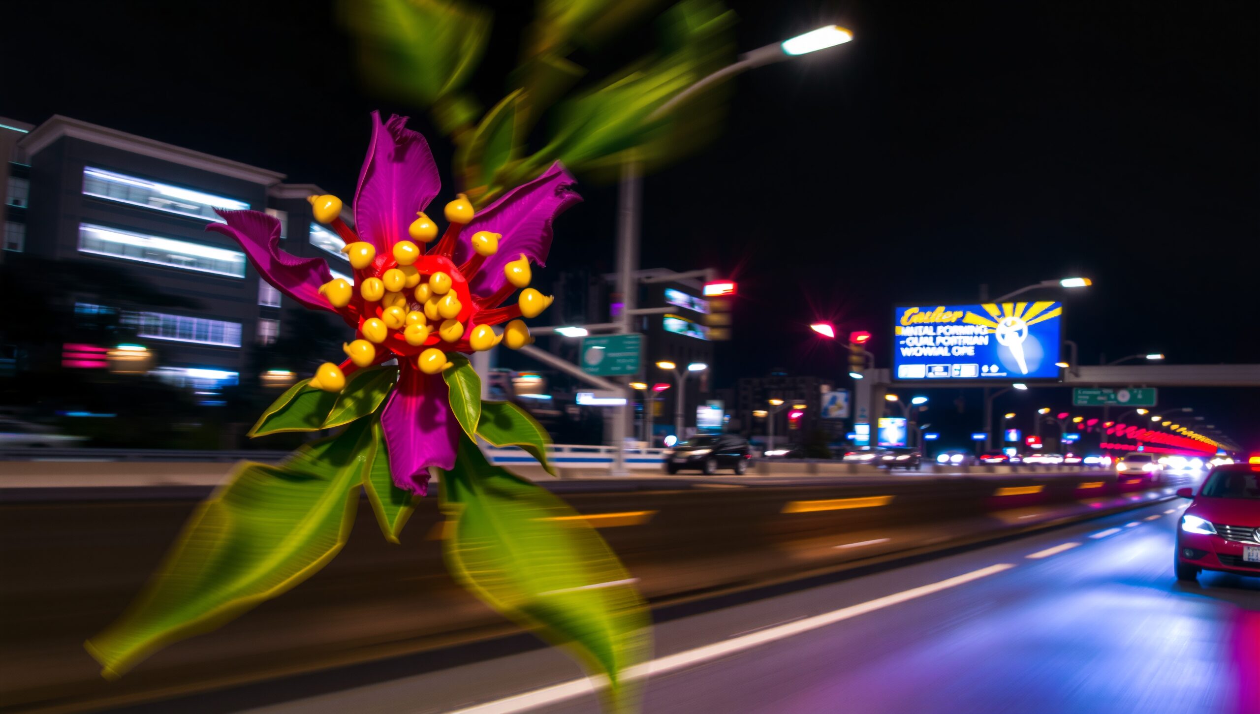 Nighttime Flower in Urban Motion