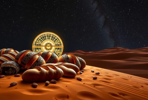 A futuristic glowing portal and loaves lie under a starlit desert sky.