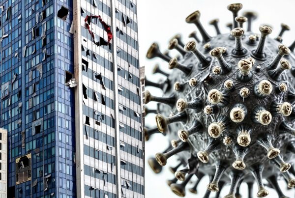 An image of a damaged high-rise building with broken windows alongside a magnified virus representation, illustrating the impact of viral outbreaks on urban areas.