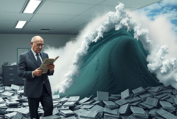 A businessman reads a book as a massive wave of scattered paperwork floods his office, symbolizing overwhelming professional chaos.
