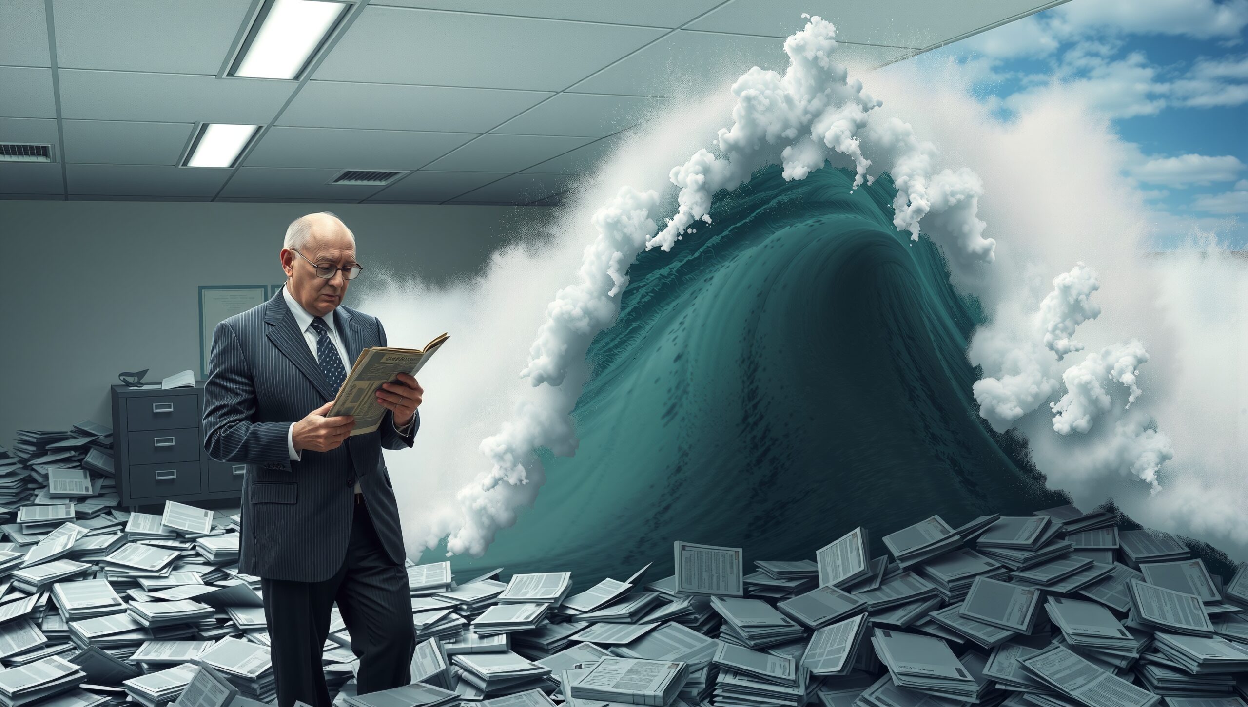 Businessman Amidst Paperwork Tsunami